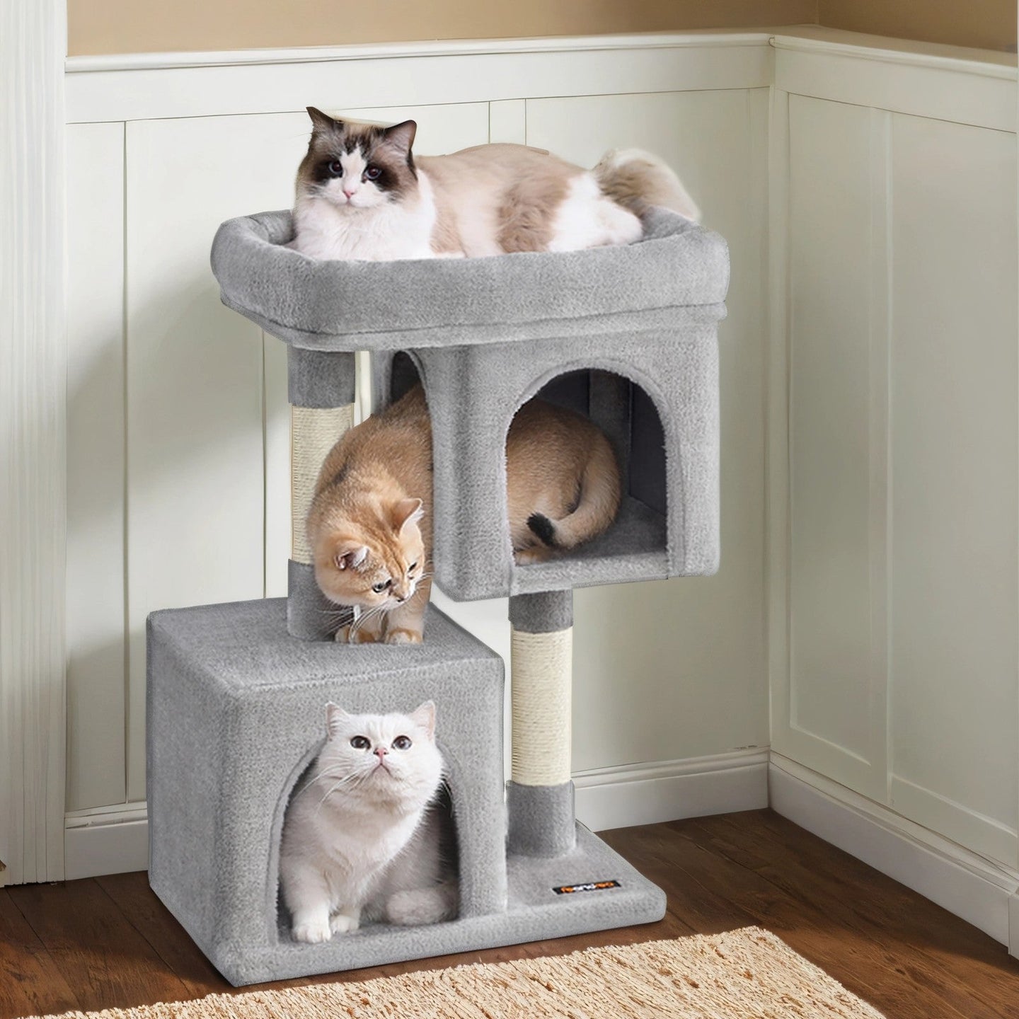 Cat Tree - Wood - Light Grey - Large Perch with Two Cat Caves and Scratching Post