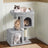 Cat Tree - Wood - Light Grey - Large Perch with Two Cat Caves and Scratching Post