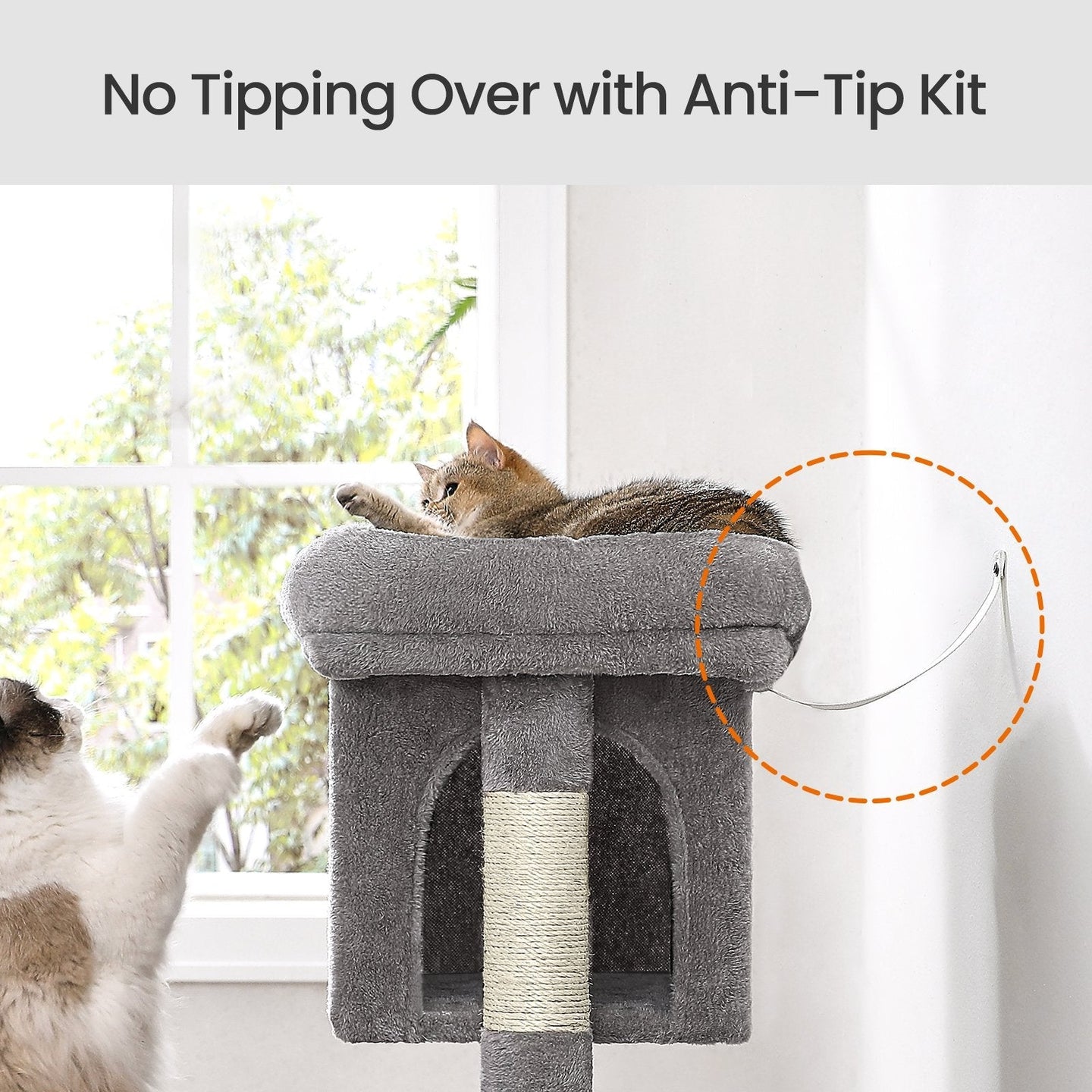 Cat Tree - Wood - Light Grey - Large Perch with Two Cat Caves and Scratching Post