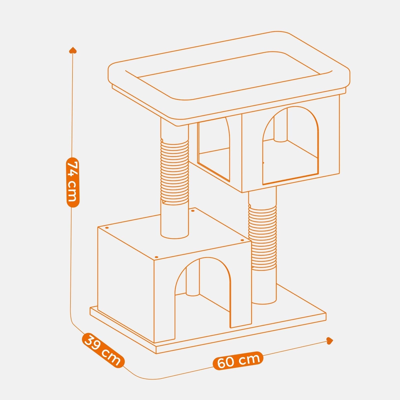 Cat Tree - Wood - Light Grey - Large Perch with Two Cat Caves and Scratching Post