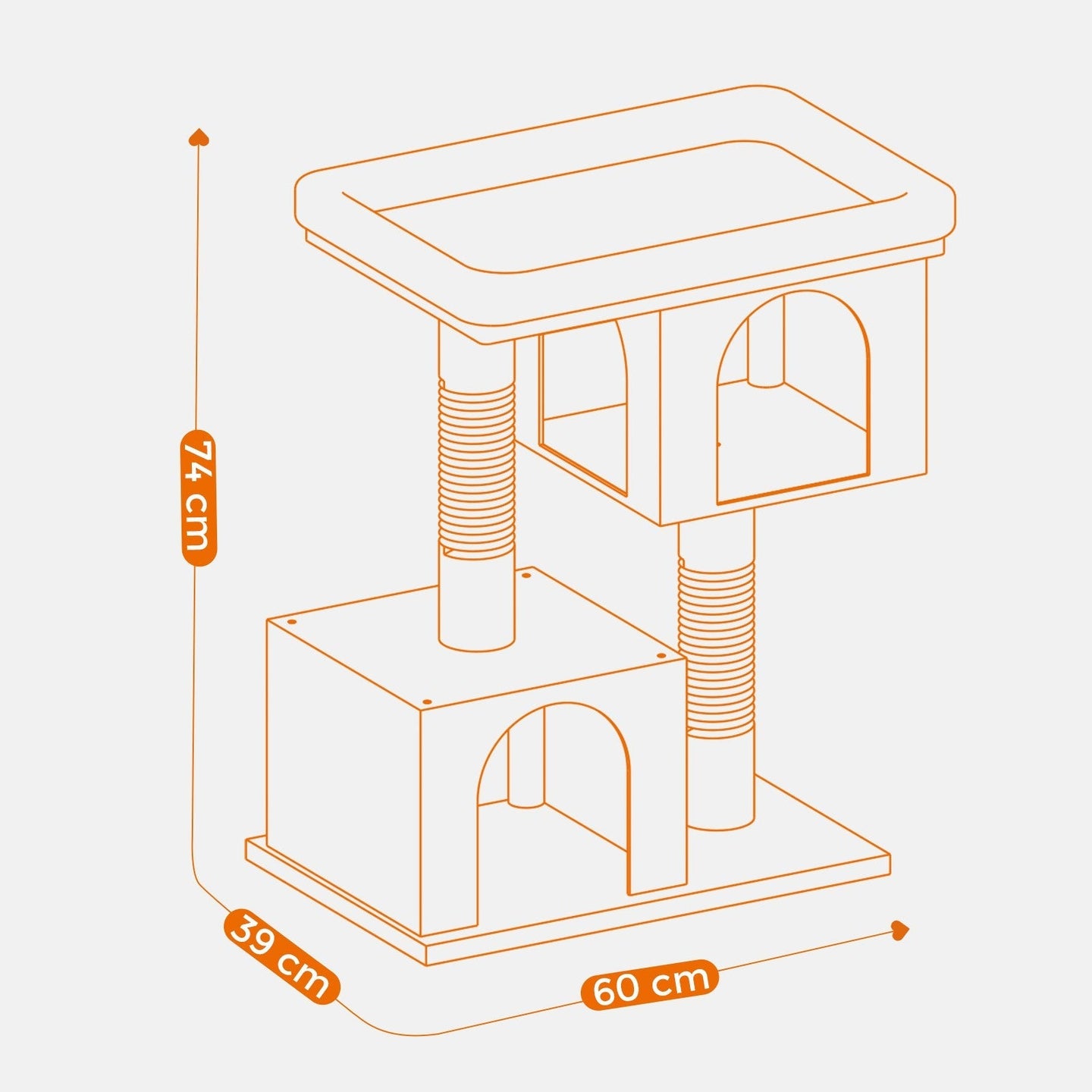 Cat Tree - Wood - Light Grey - Large Perch with Two Cat Caves and Scratching Post