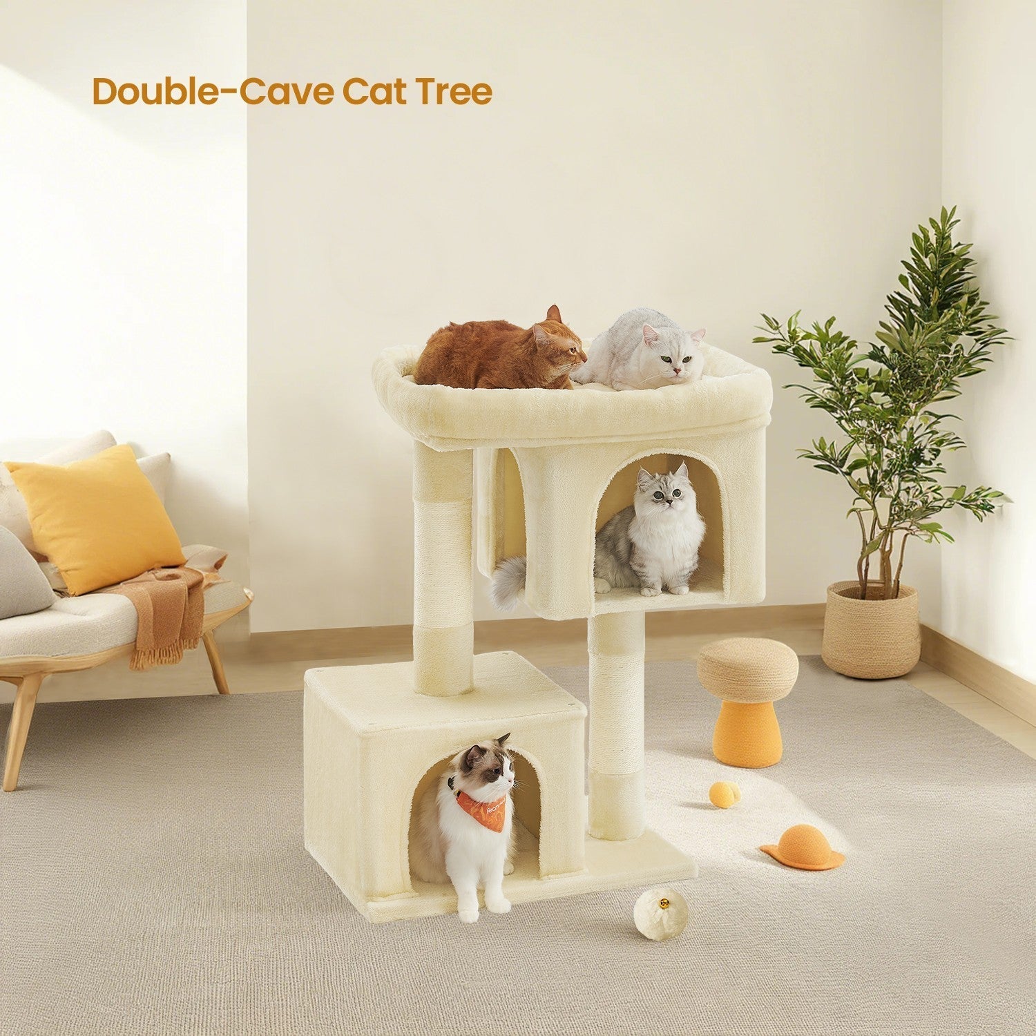 Cat Tree - Engineered Wood - Light Grey - Includes Large Perch and Plush Condos