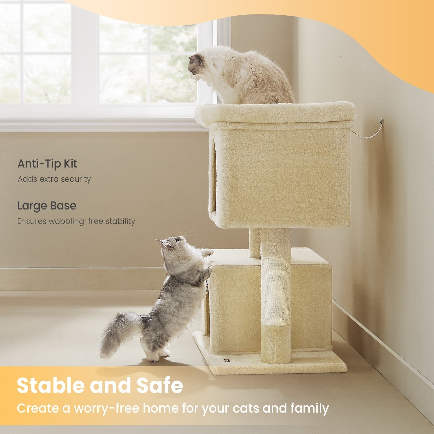 Cat Tree - Engineered Wood - Light Grey - Includes Large Perch and Plush Condos