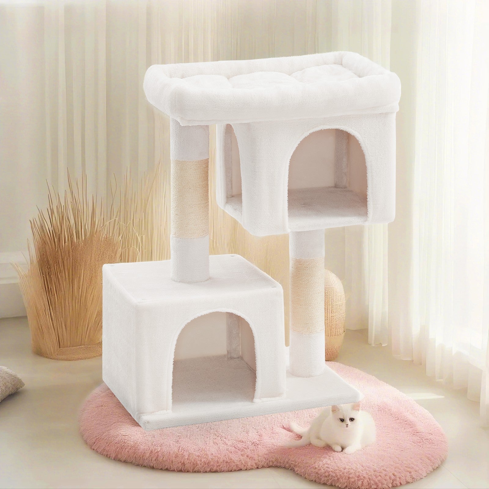 Cat Tree - Engineered Wood - Light Grey - Includes Large Perch and Plush Condos