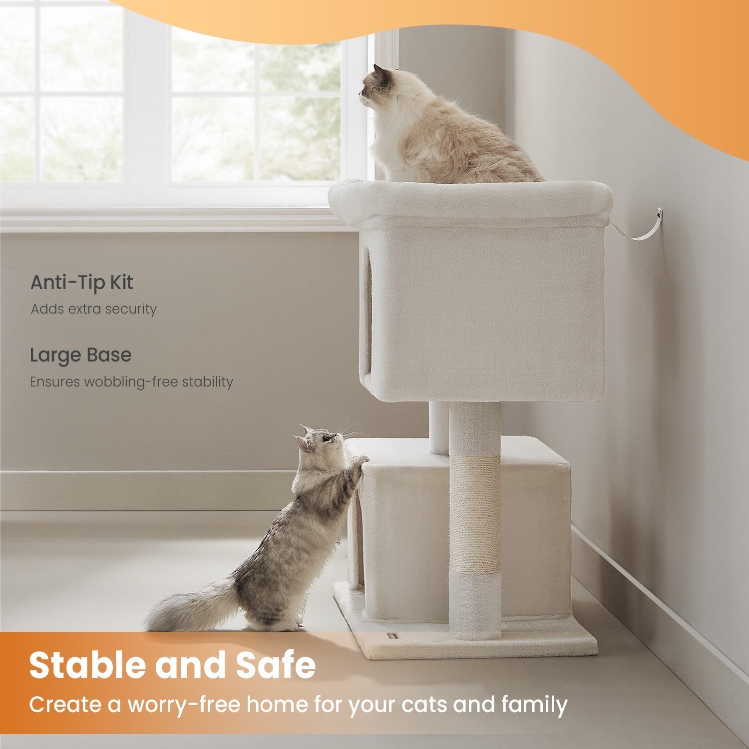 Cat Tree - Engineered Wood - Light Grey - Includes Large Perch and Plush Condos