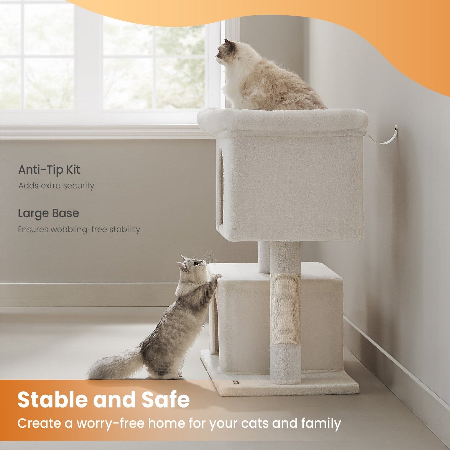 Cat Tree - Engineered Wood - Light Grey - Includes Large Perch and Plush Condos