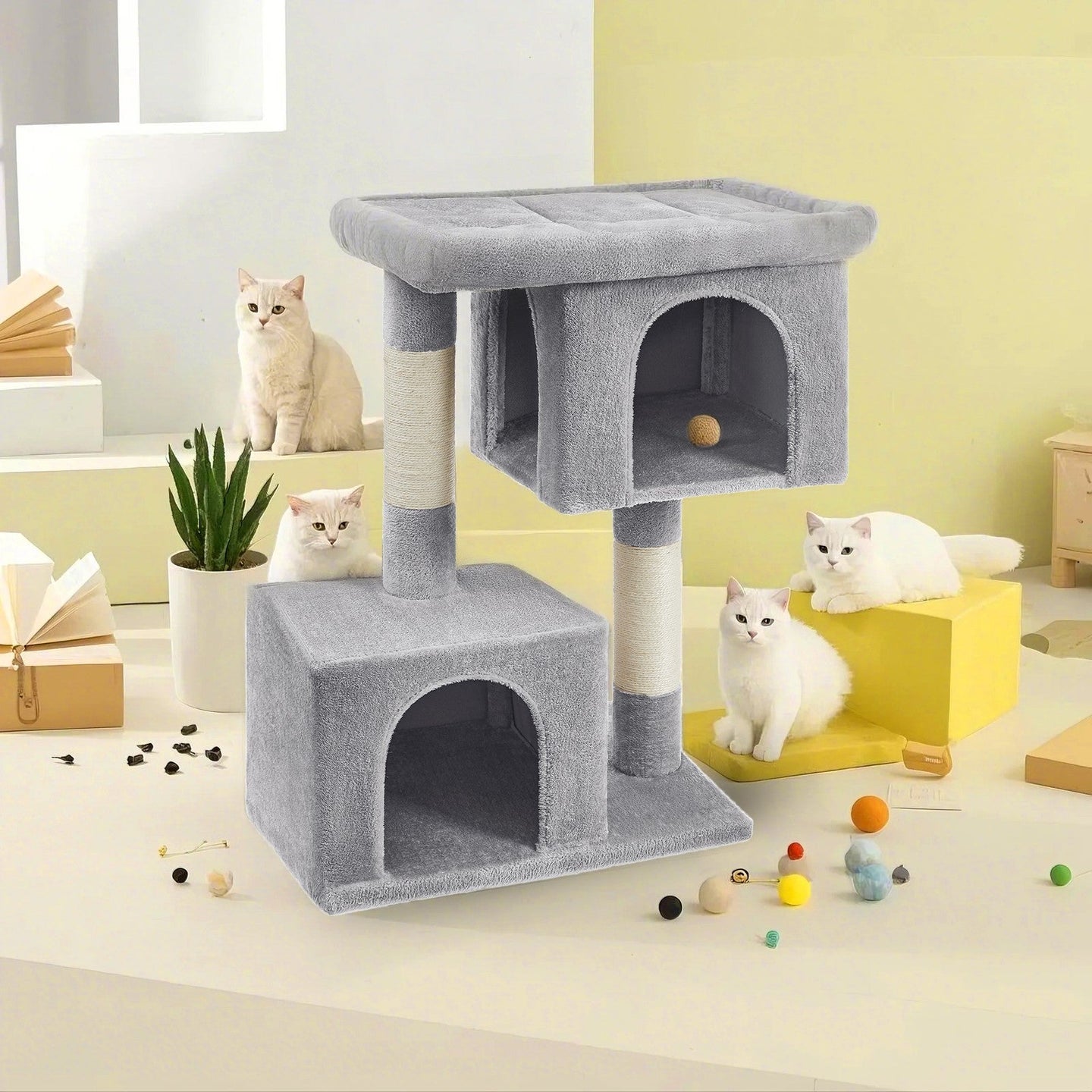 Cat Tree - Engineered Wood - Light Grey - Includes Large Perch and Plush Condos
