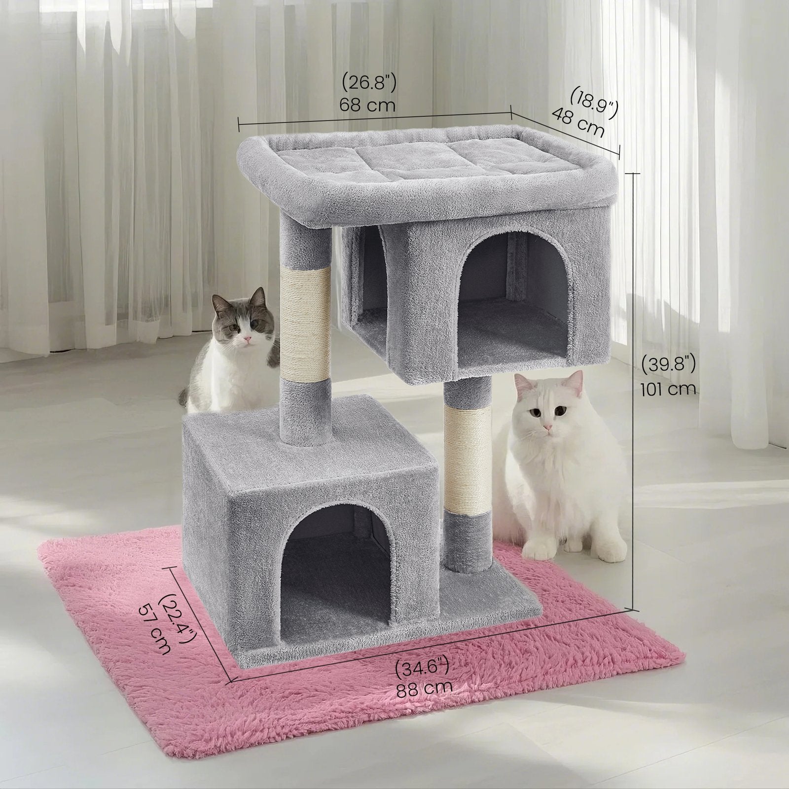 Cat Tree - Engineered Wood - Light Grey - Includes Large Perch and Plush Condos