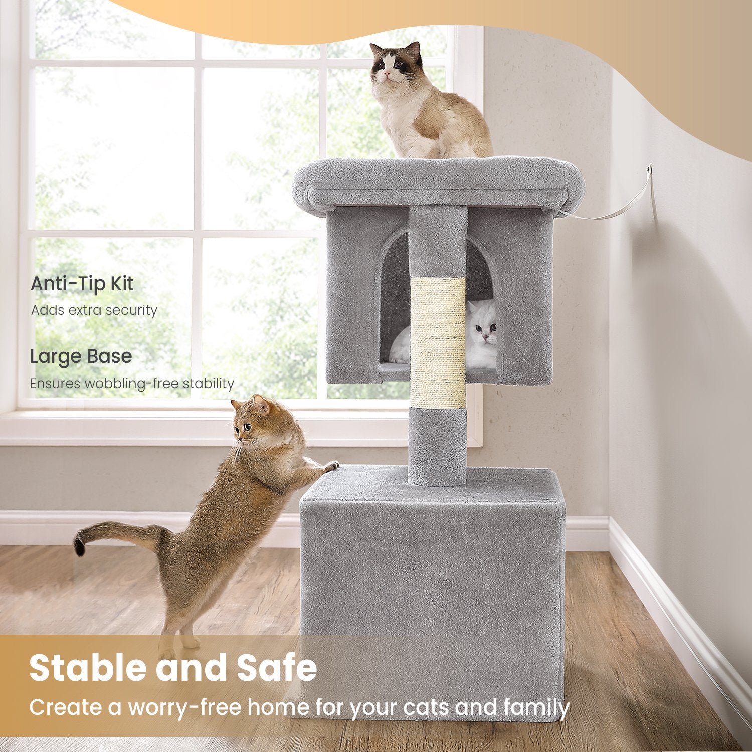 Cat Tree - Engineered Wood - Light Grey - Includes Large Perch and Plush Condos