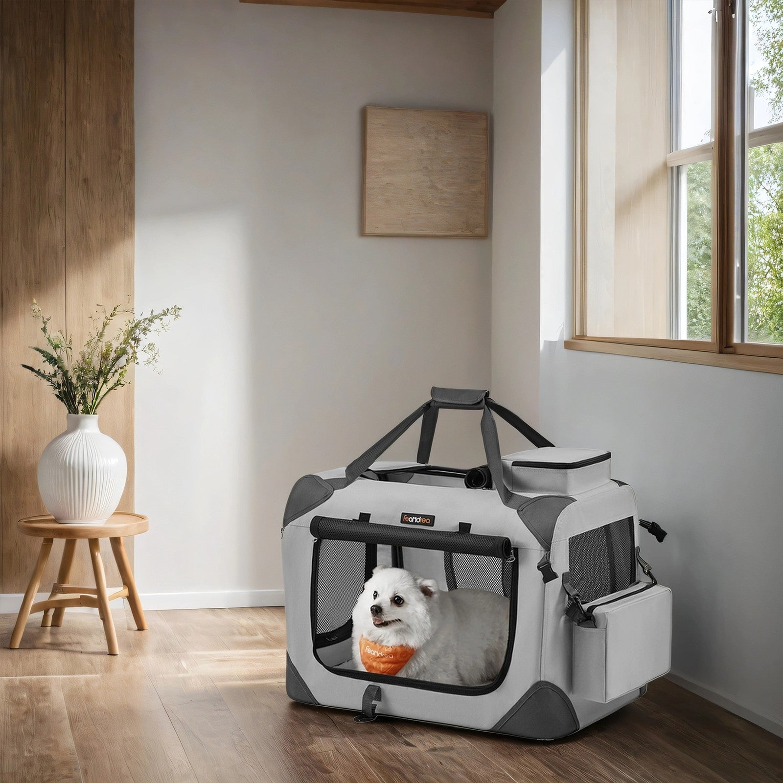 Collapsible Dog Crate - Soft Fabric - Grey - Portable with Breathable Mesh and Storage Pockets
