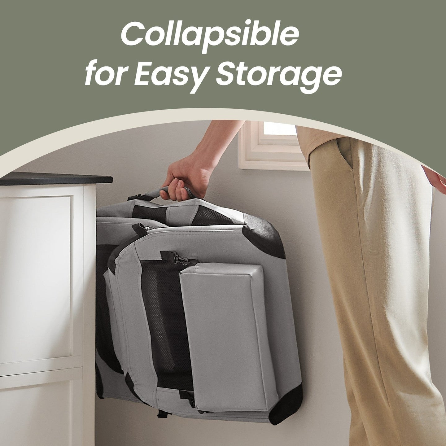 Collapsible Dog Crate - Soft Fabric - Grey - Portable with Breathable Mesh and Storage Pockets