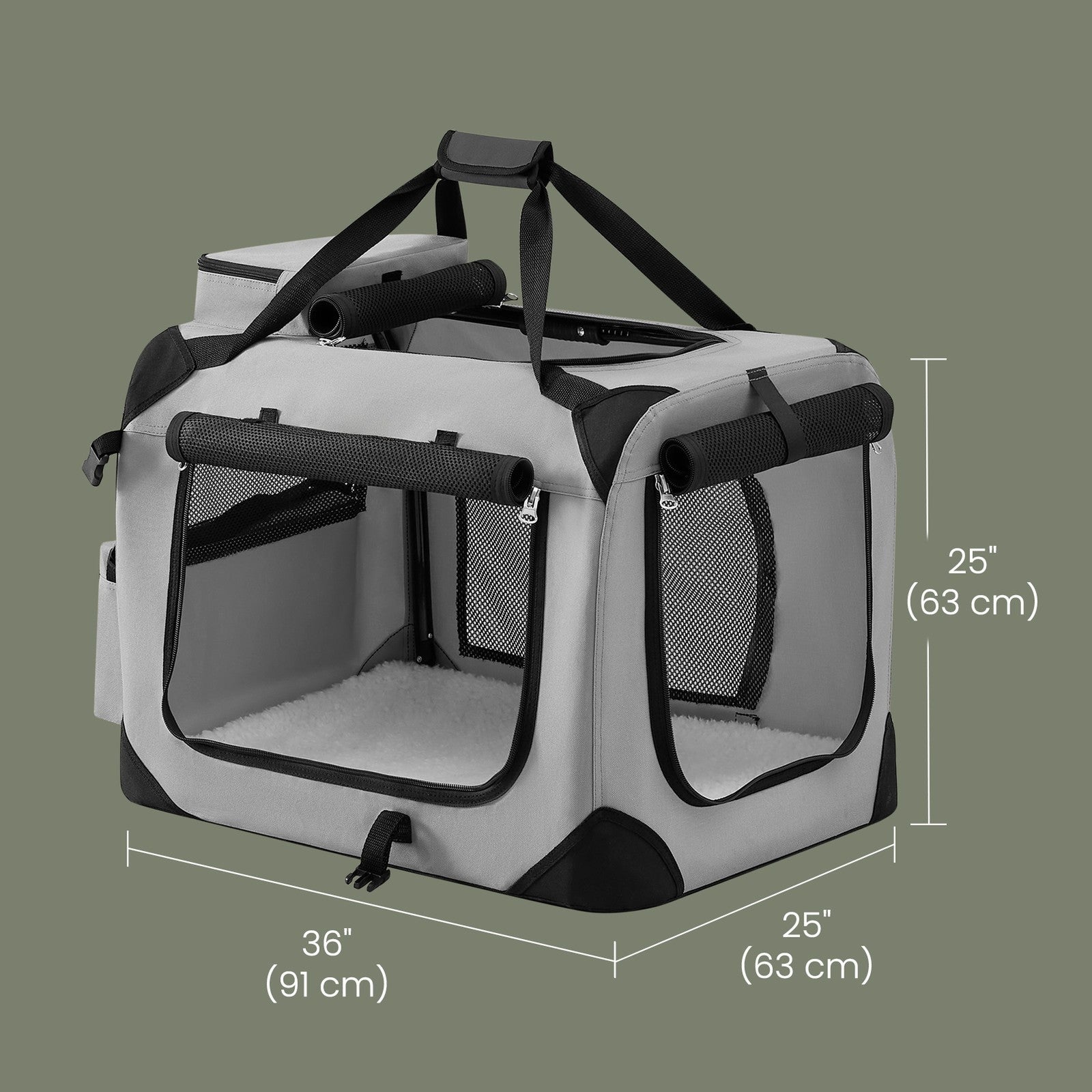 Collapsible Dog Crate - Soft Fabric - Grey - Portable with Breathable Mesh and Storage Pockets