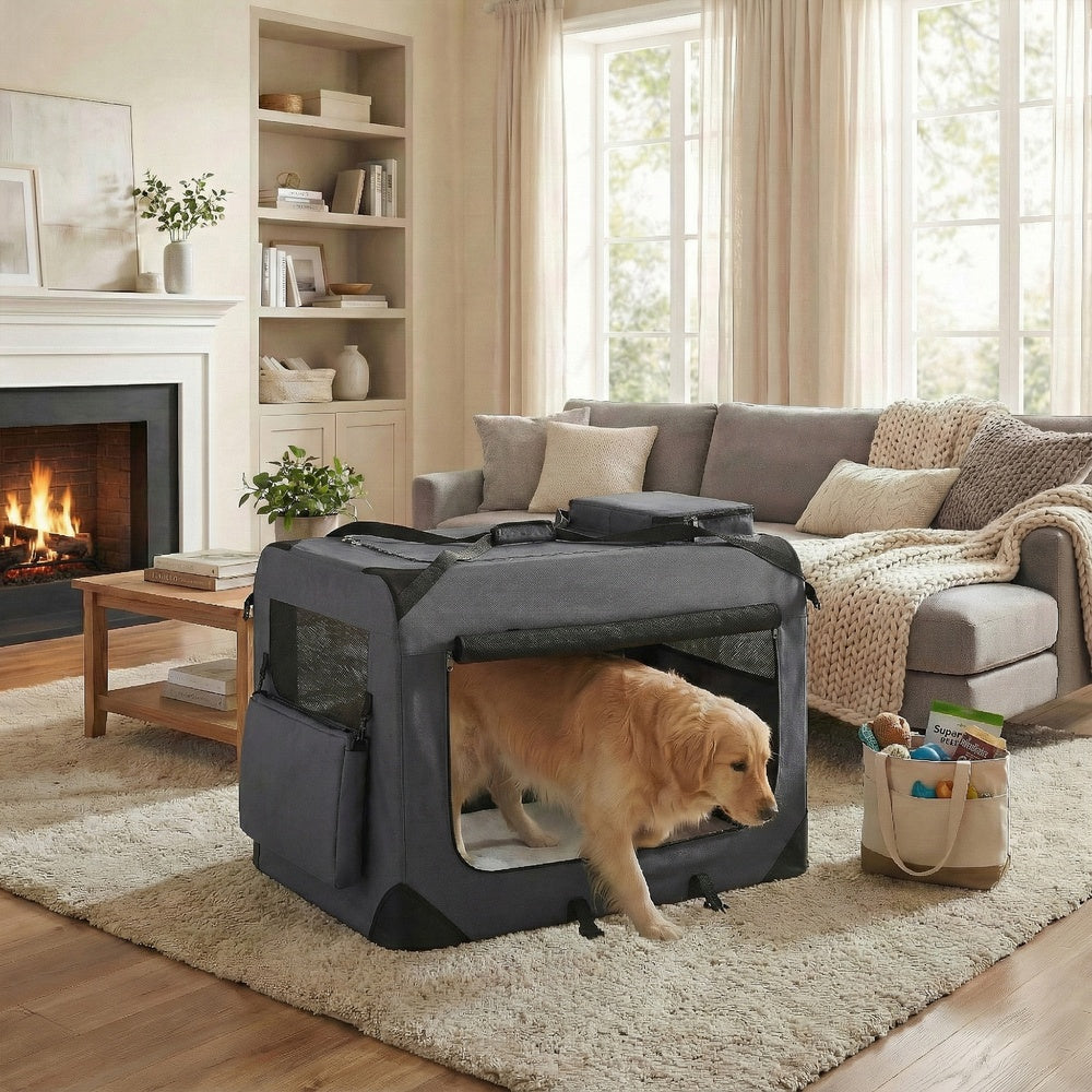Collapsible Dog Crate - Metal Frame and PVC Coating - Grey