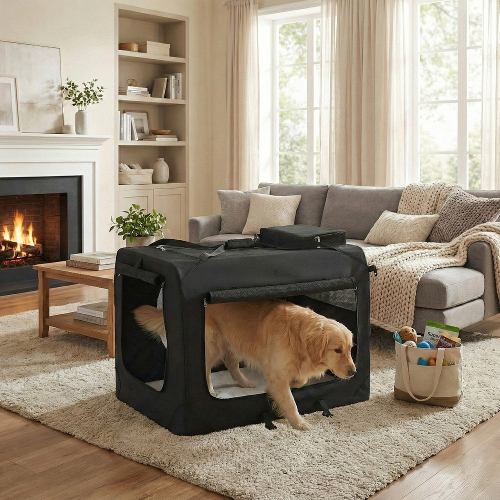 Collapsible Dog Crate - Metal Frame and PVC Coating - Black