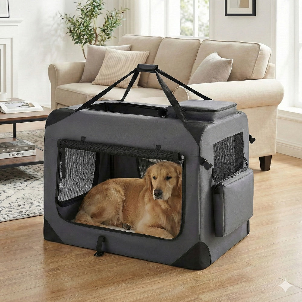 Collapsible Dog Crate - Metal Frame and PVC Coating - Grey