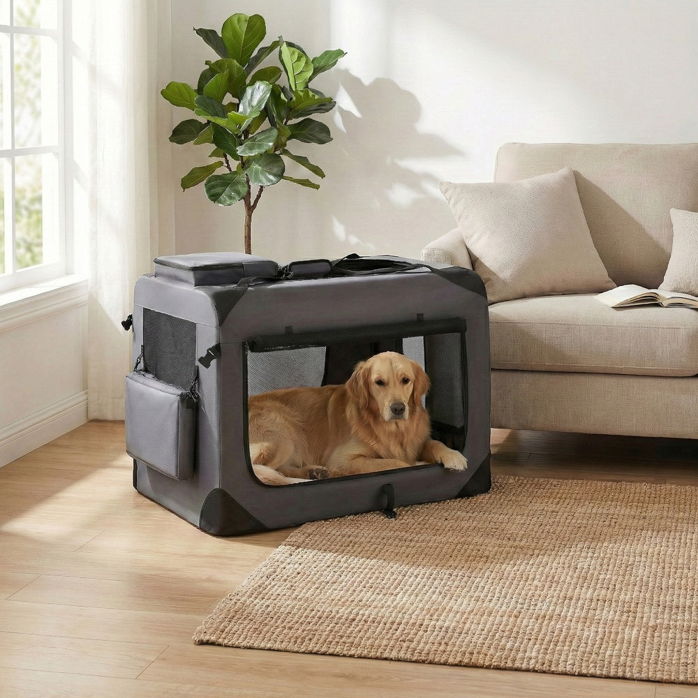 Collapsible Dog Crate - Metal Frame and PVC Coating - Grey