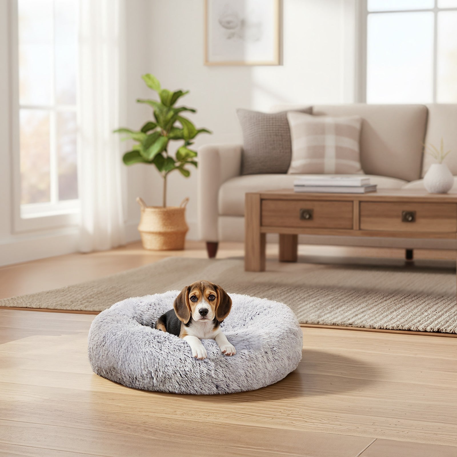 Fluffy Calming Donut Dog Bed - 30L - Plush - Removable