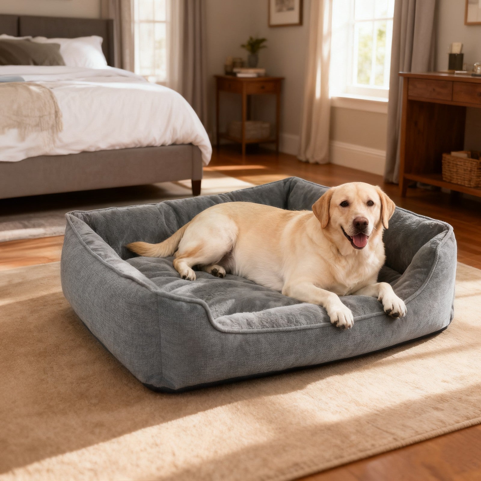 Dog Bed - Linen-Look - Light Grey - Easy to Clean with Raised Edges