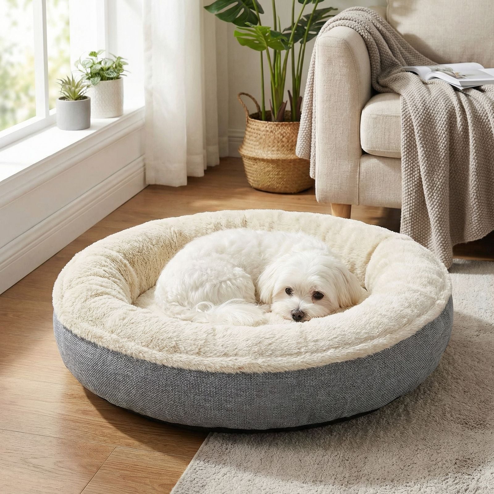 Donut Dog Bed - 55 - Linen-Look Fabric - Plush & Memory Foam Filling