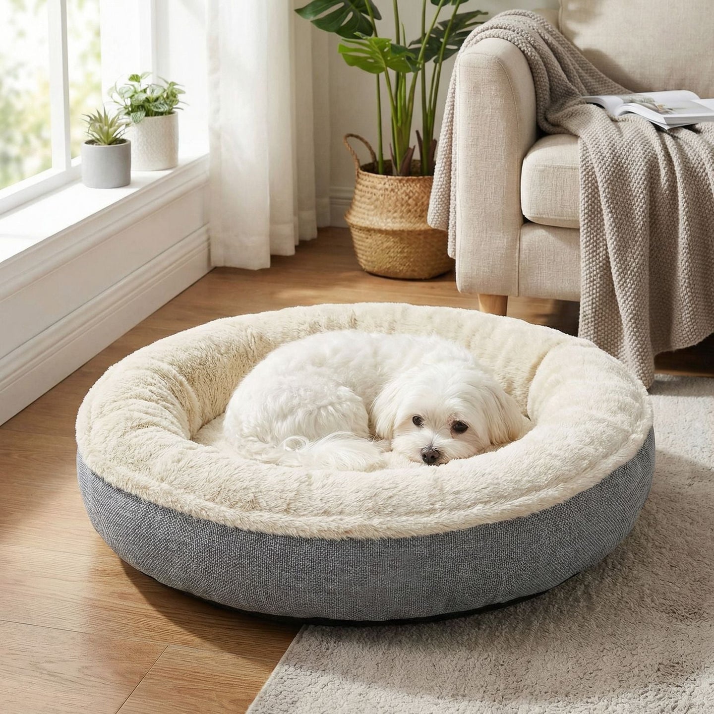Donut Dog Bed - 55 - Linen-Look Fabric - Plush & Memory Foam Filling