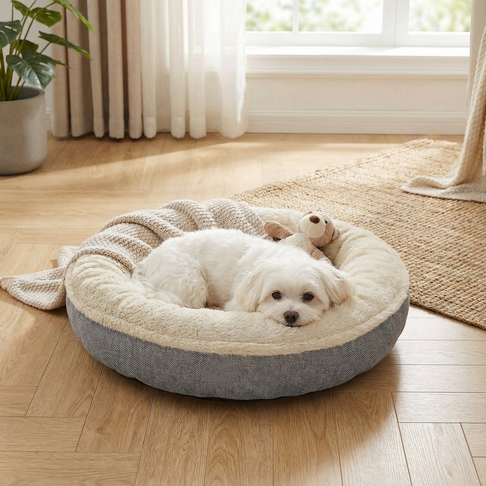 Donut Dog Bed - 55 - Linen-Look Fabric - Plush & Memory Foam Filling