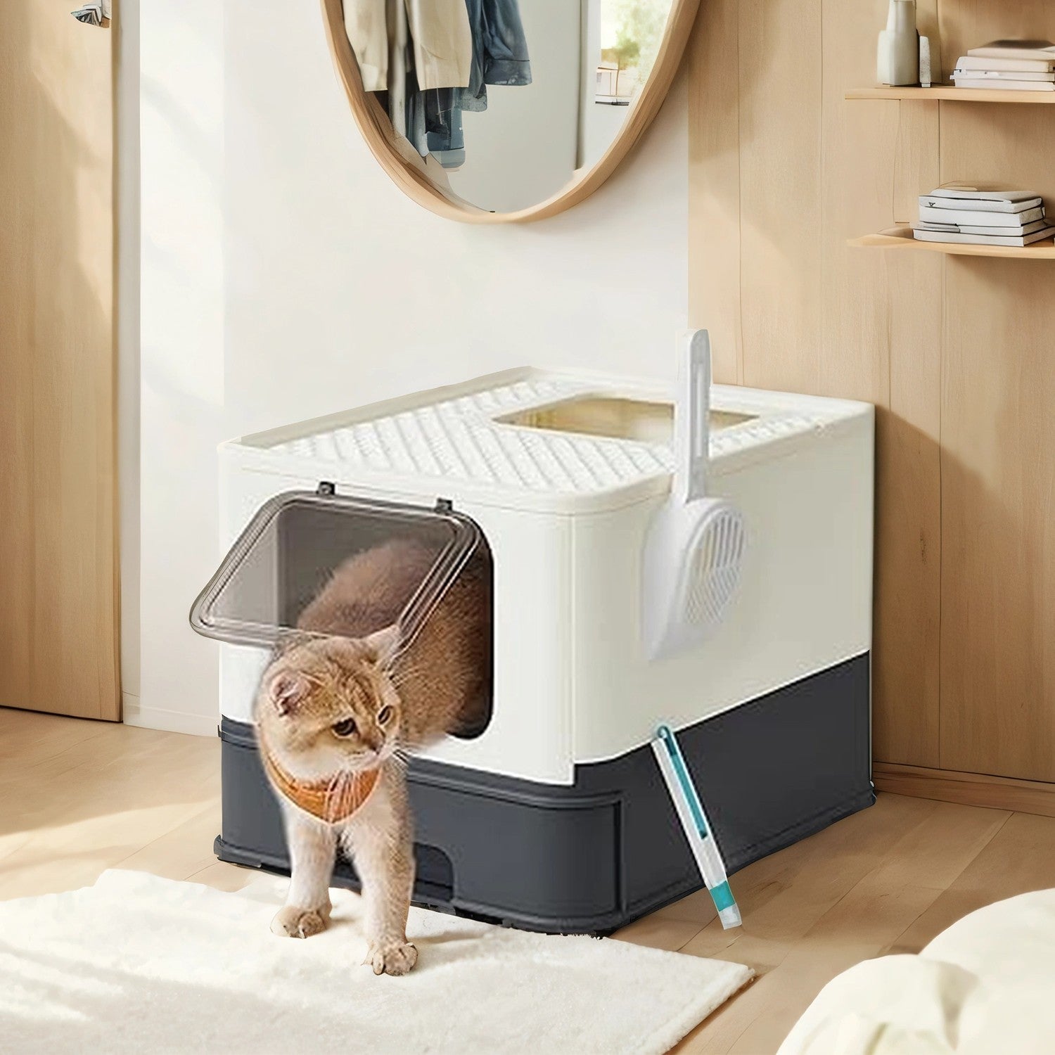 Enclosed Cat Litter Box - PP and PC - Beige - with Lid