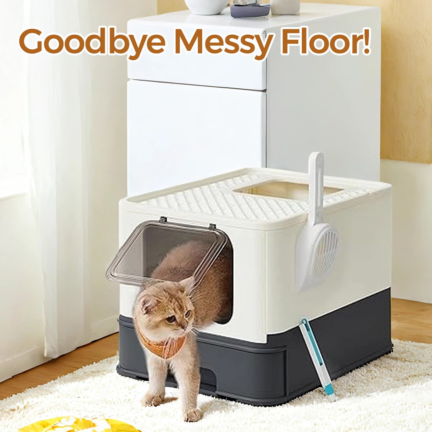Enclosed Cat Litter Box - PP and PC - Beige - with Lid