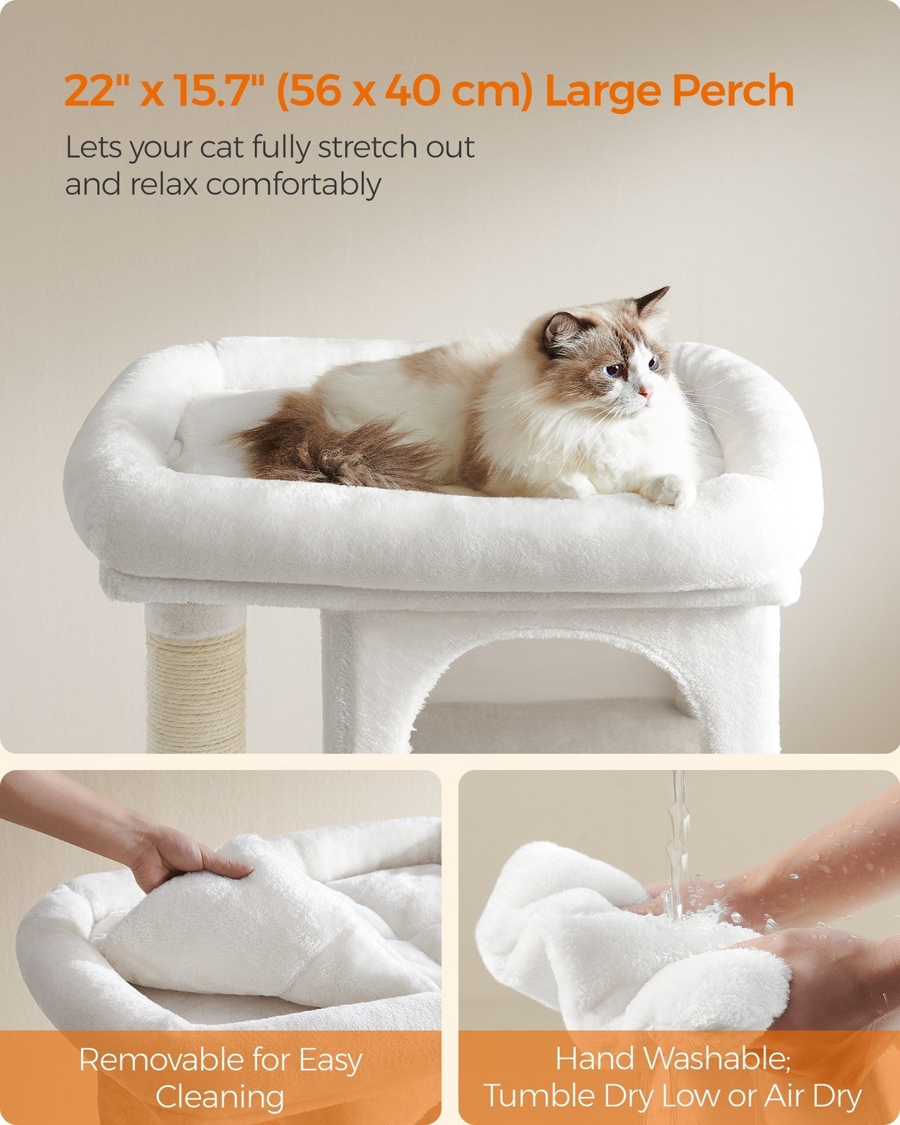 Cat Tree - Engineered Wood - Cream White - Features Scratching Posts and Cat Caves