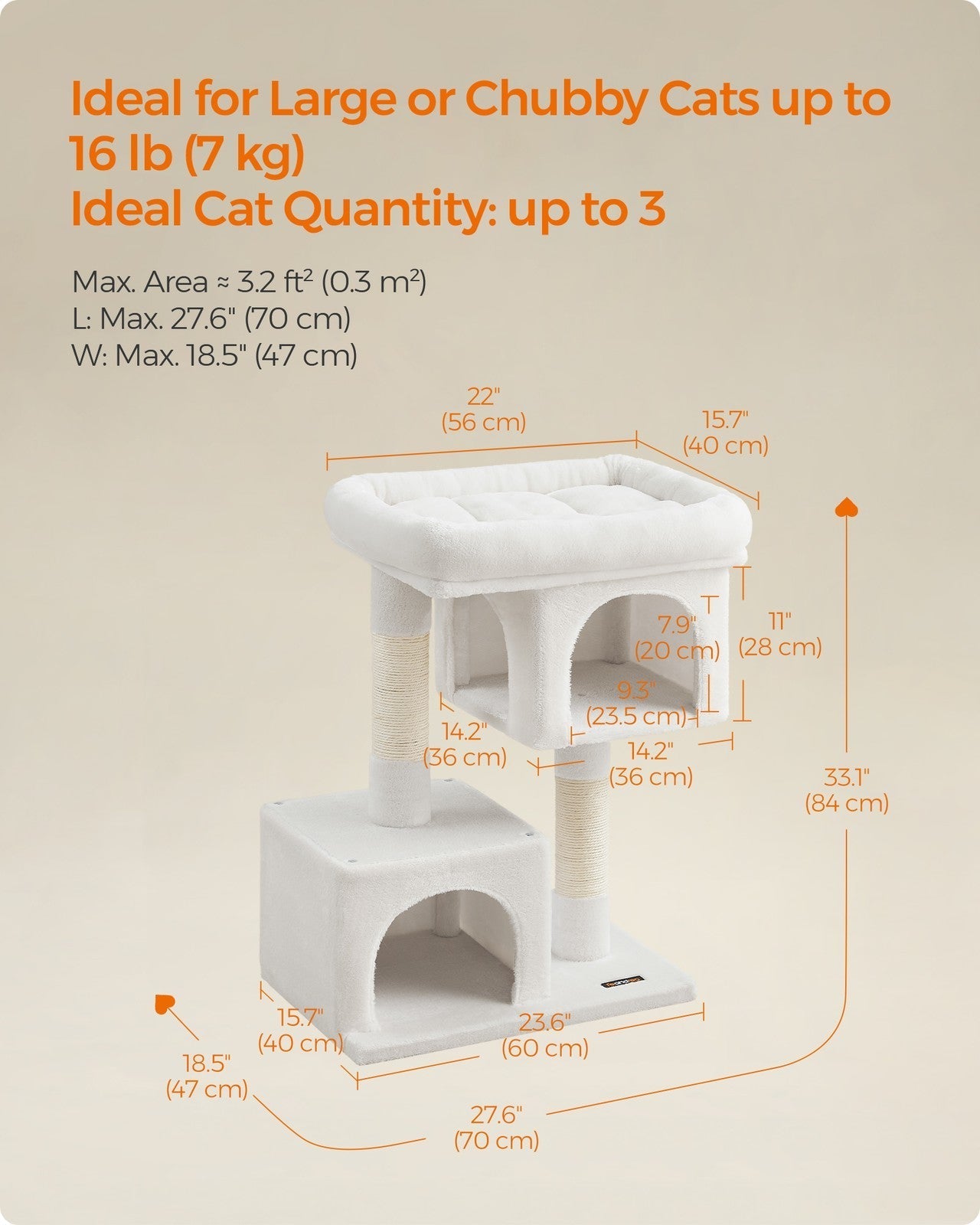 Cat Tree - Engineered Wood - Cream White - Features Scratching Posts and Cat Caves