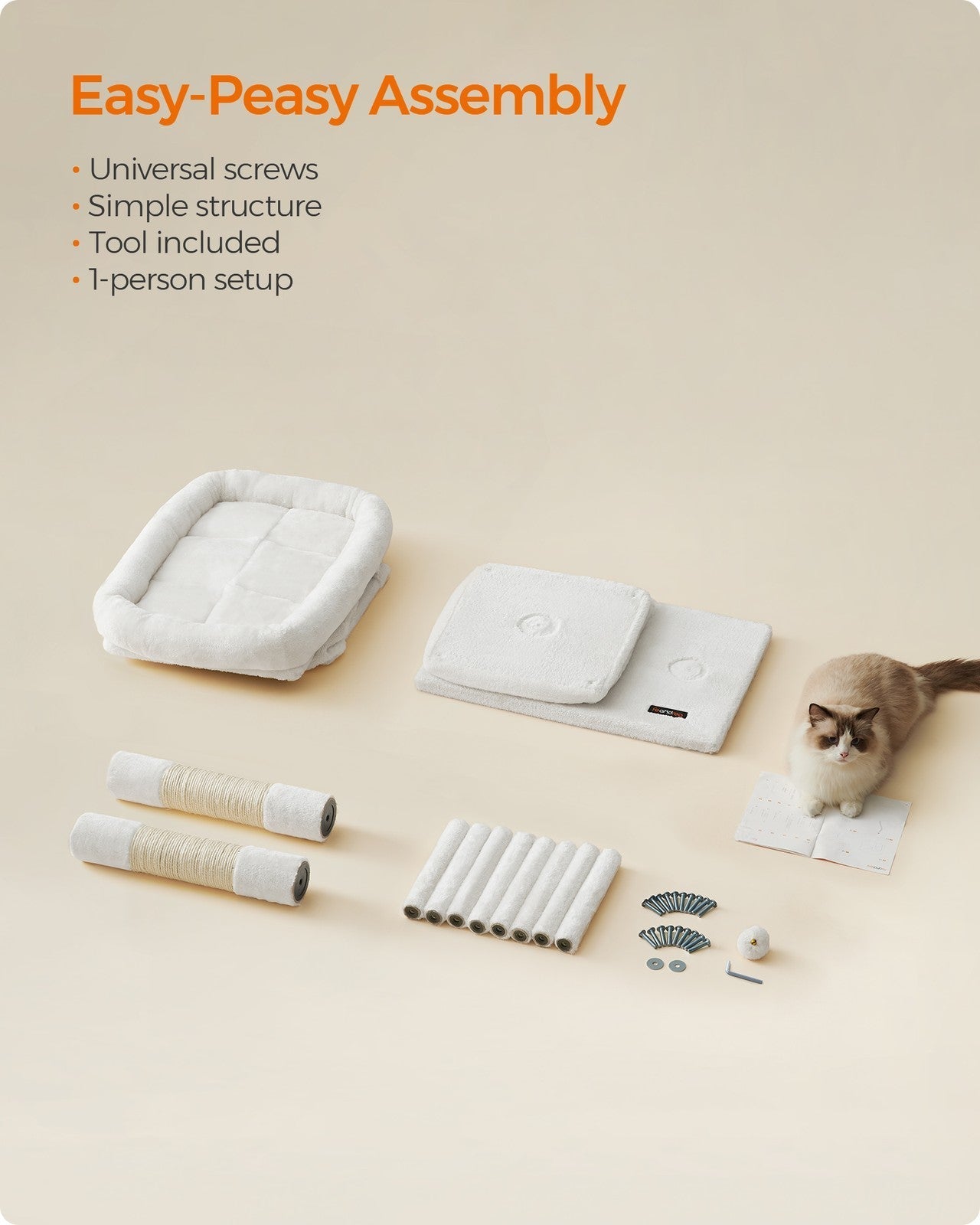 Cat Tree - Engineered Wood - Cream White - Features Scratching Posts and Cat Caves