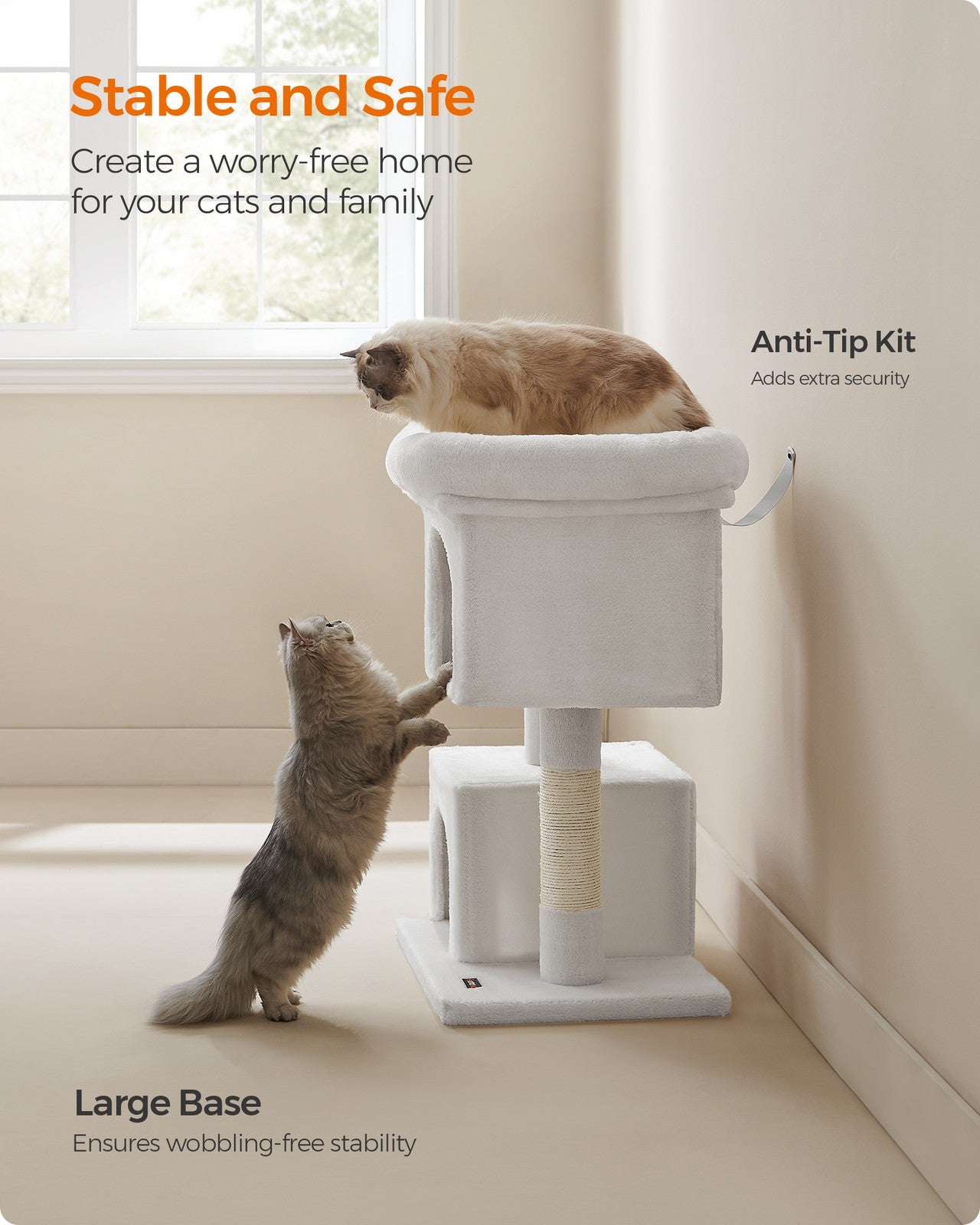 Cat Tree - Engineered Wood - Cream White - Features Scratching Posts and Cat Caves