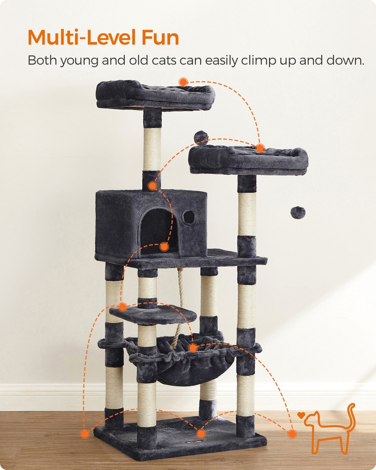 Cat Tree - Engineered Wood - Light Grey - Stable Design with Cat Cave