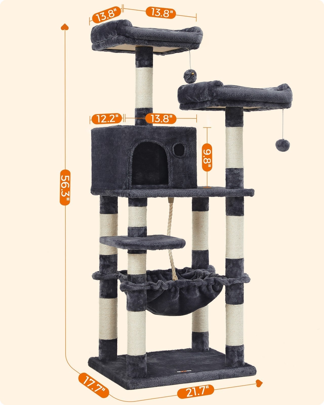 Cat Tree - Engineered Wood - Light Grey - Stable Design with Cat Cave