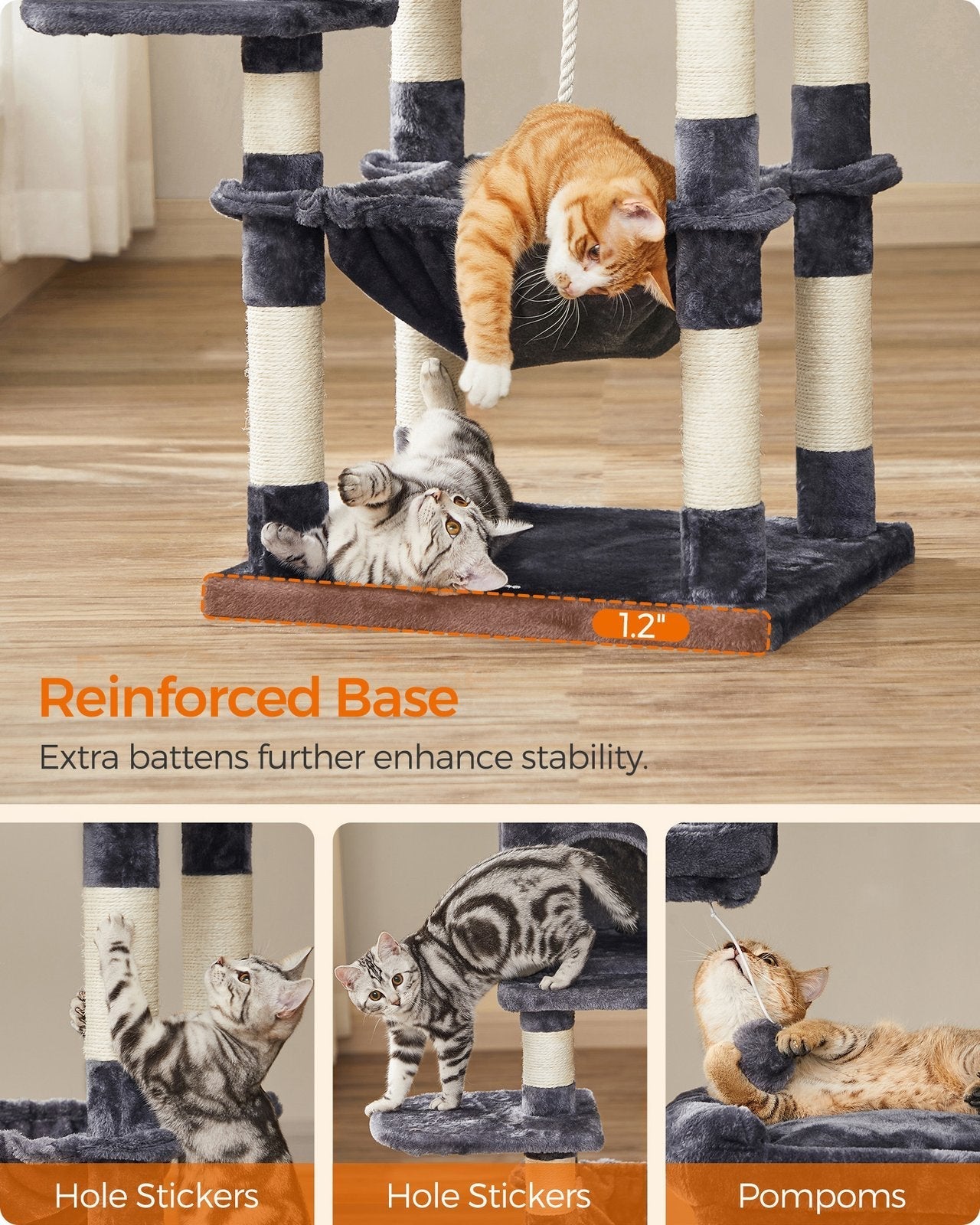 Cat Tree - Engineered Wood - Light Grey - Stable Design with Cat Cave