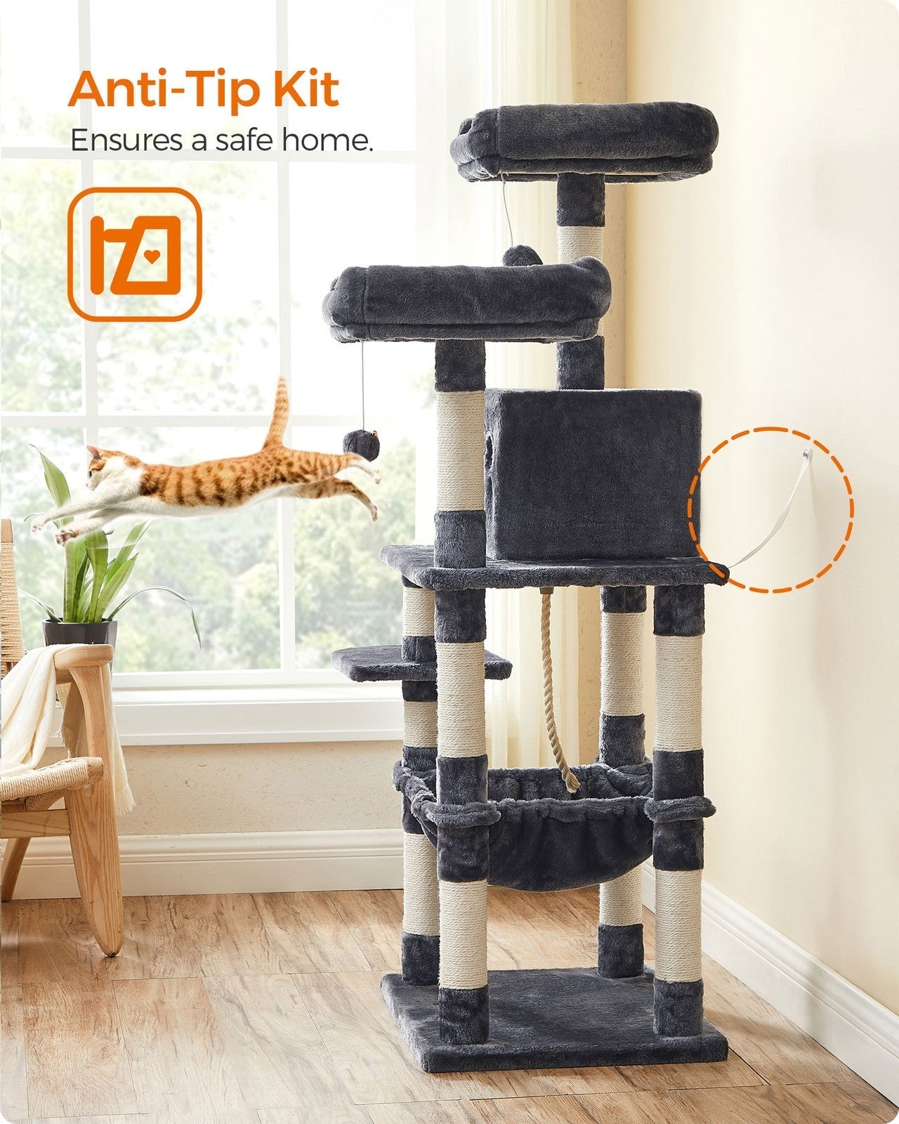 Cat Tree - Engineered Wood - Light Grey - Stable Design with Cat Cave