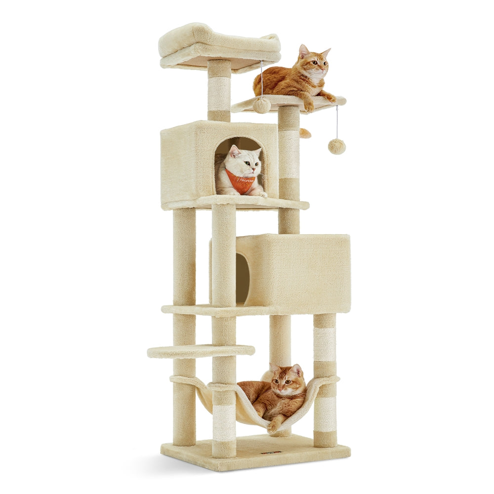 Cat Tree Stable Cat Tower 2 Plush Perches - Wood and Plush - Beige