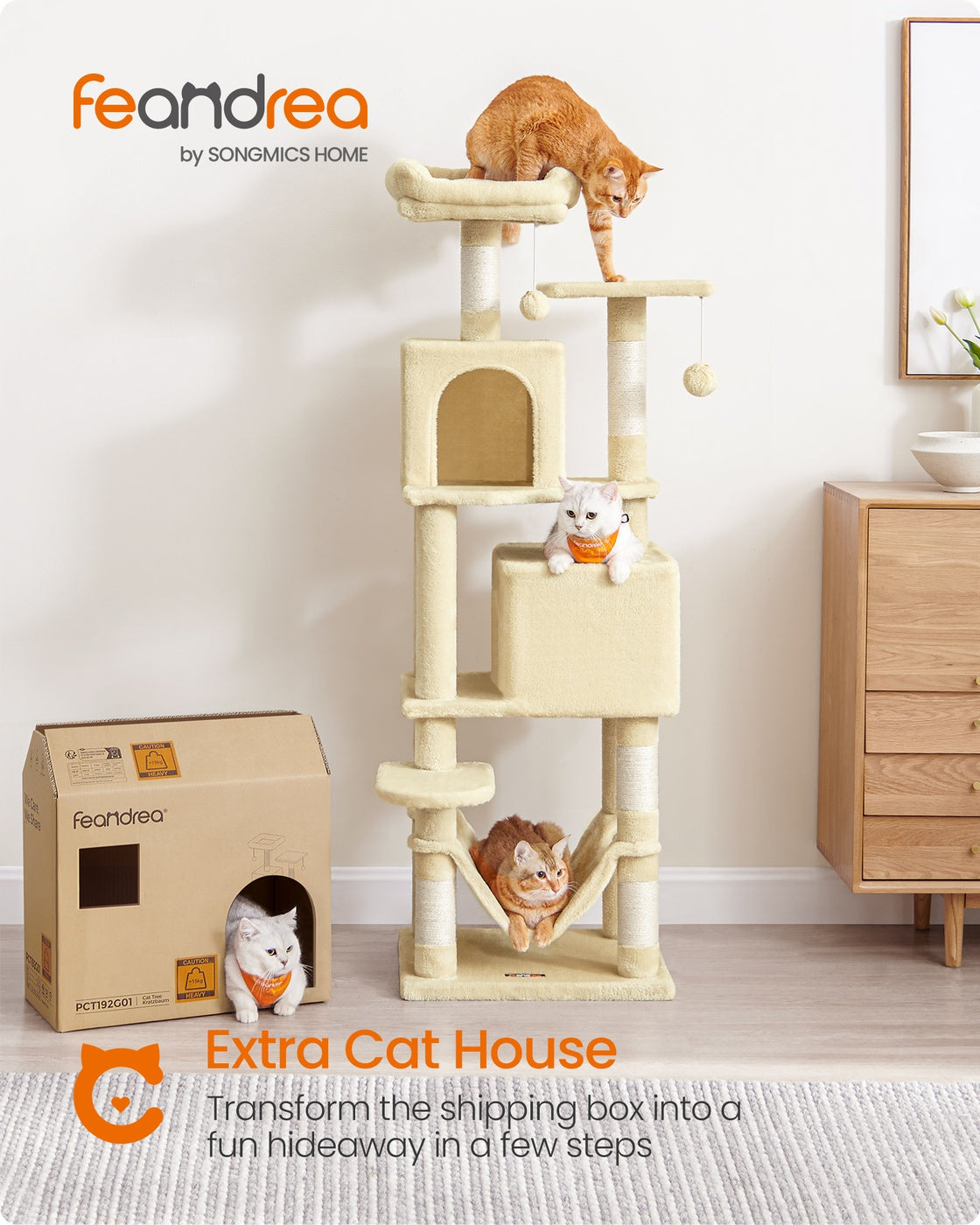 Cat Tree Stable Cat Tower 2 Plush Perches - Wood and Plush - Beige