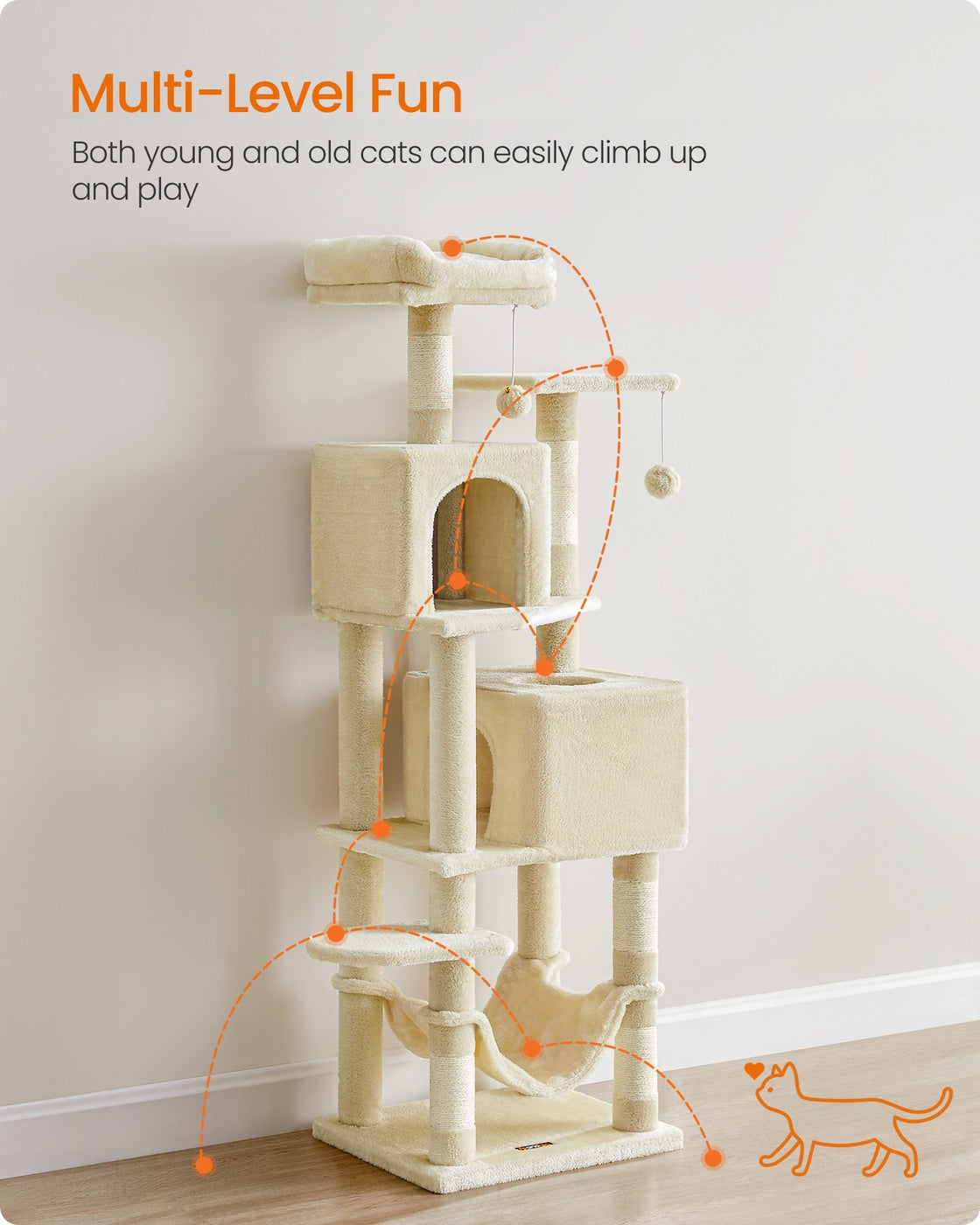 Cat Tree Stable Cat Tower 2 Plush Perches - Wood and Plush - Beige