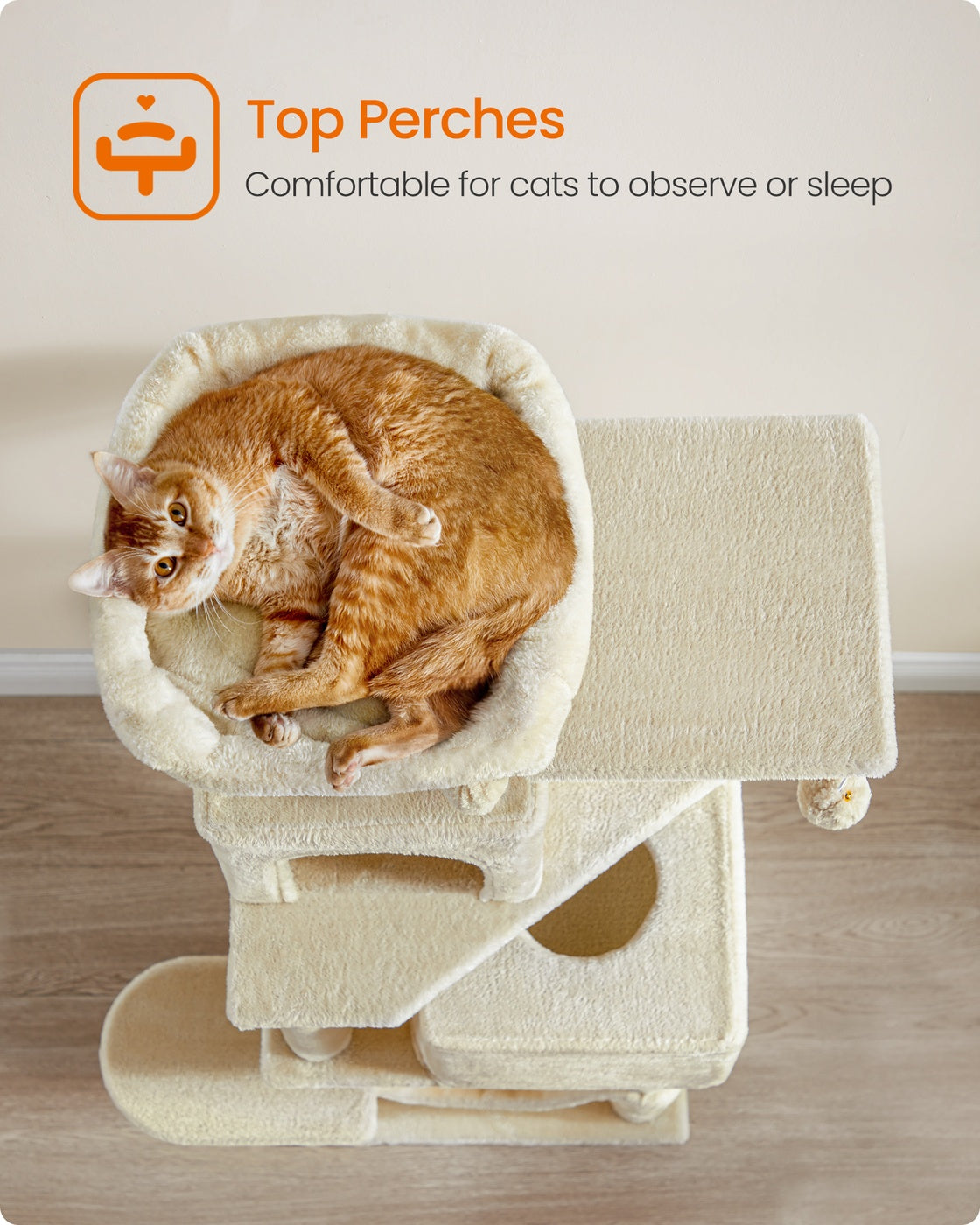 Cat Tree Stable Cat Tower 2 Plush Perches - Wood and Plush - Beige