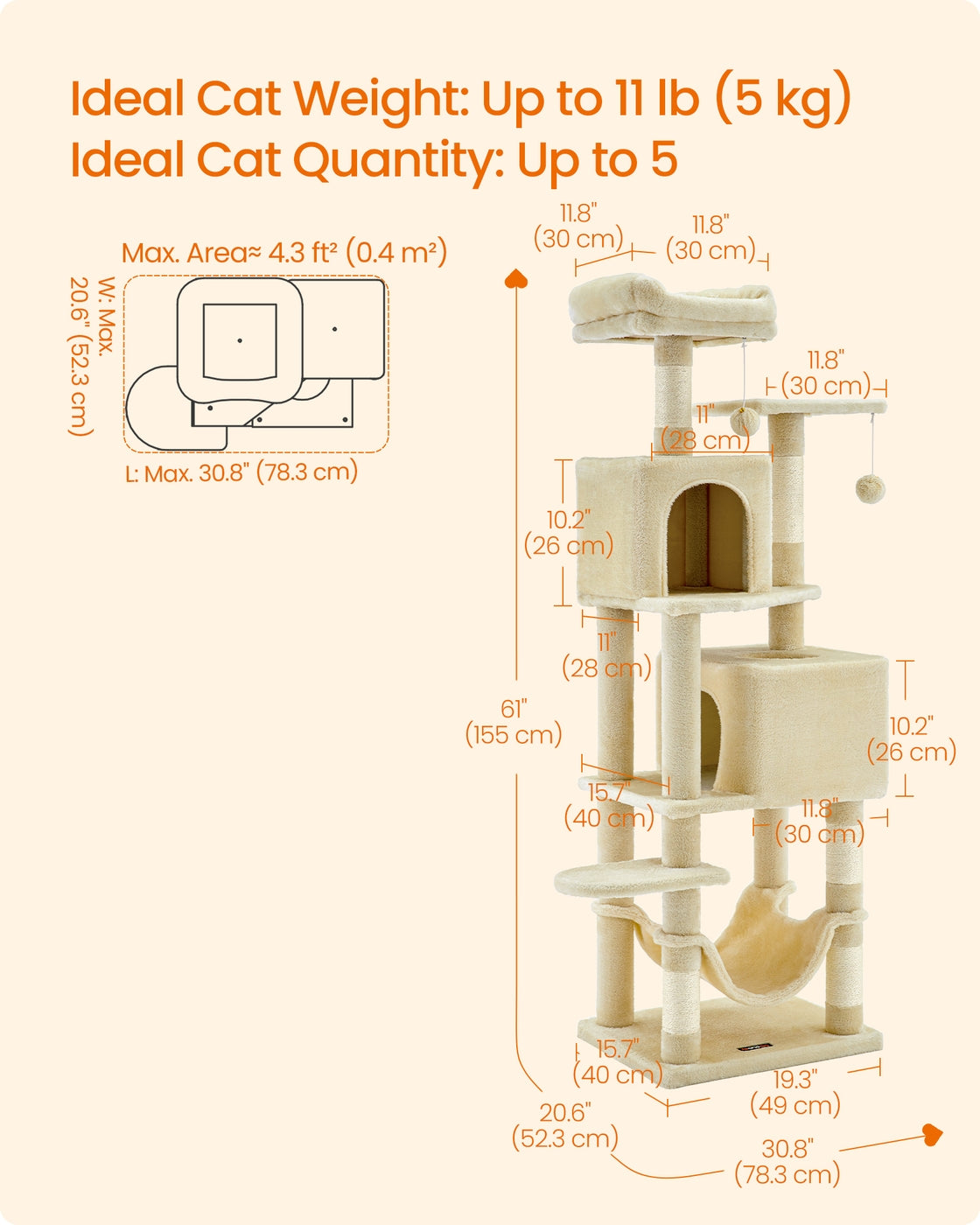 Cat Tree Stable Cat Tower 2 Plush Perches - Wood and Plush - Beige