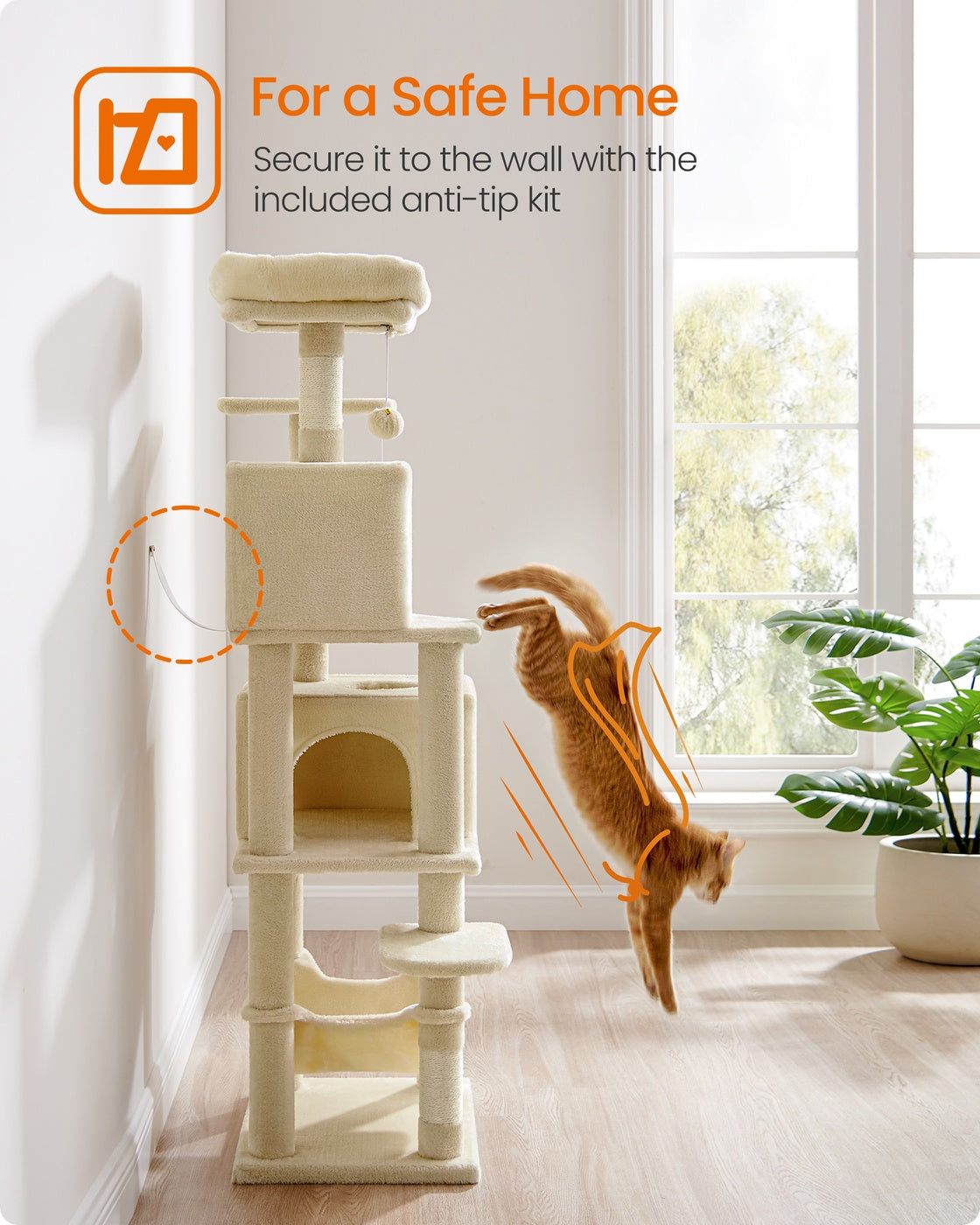 Cat Tree Stable Cat Tower 2 Plush Perches - Wood and Plush - Beige