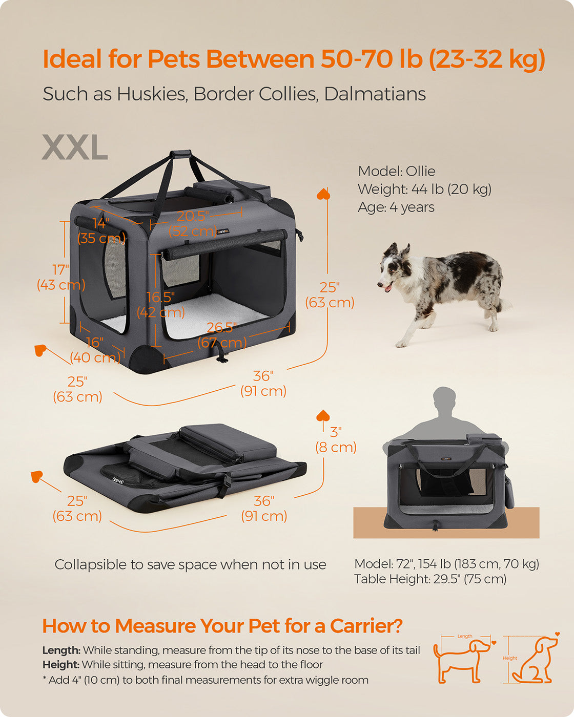 Foldable Pet Carrier - Fabric - Grey - Portable with Breathable Mesh and Storage Pockets