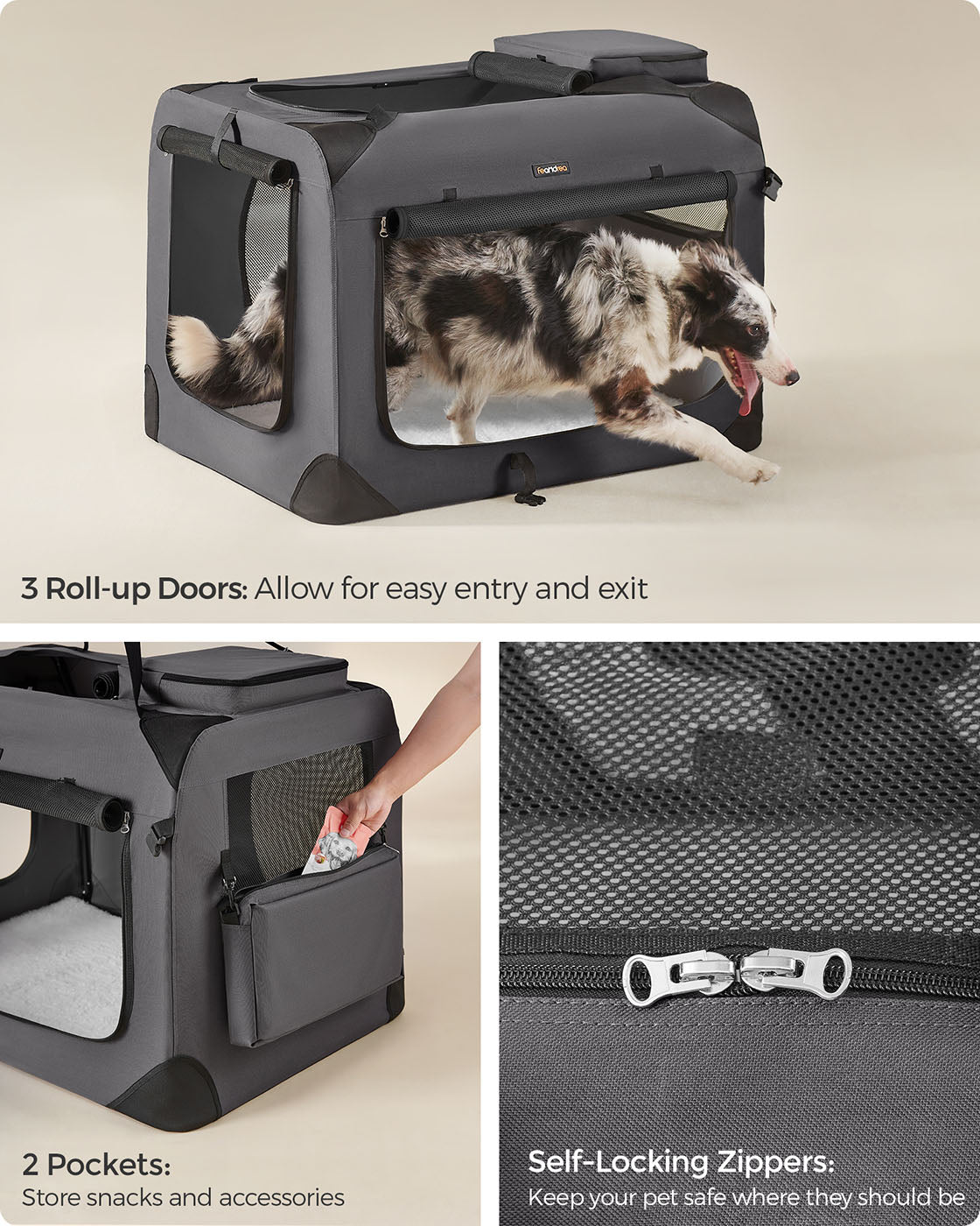 Foldable Pet Carrier - Fabric - Grey - Portable with Breathable Mesh and Storage Pockets