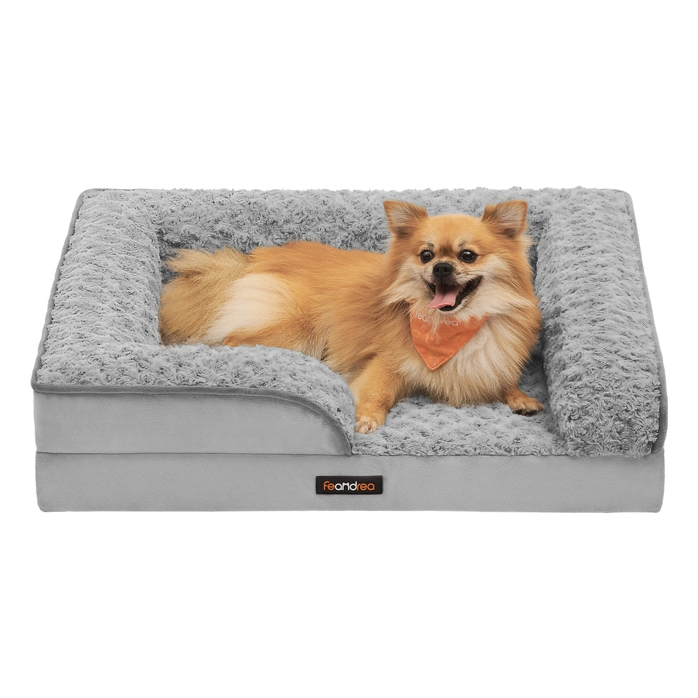 Orthopedic Dog Bed for Medium Dogs - PV Plush with Rose Pattern and Velvet - Dove Grey