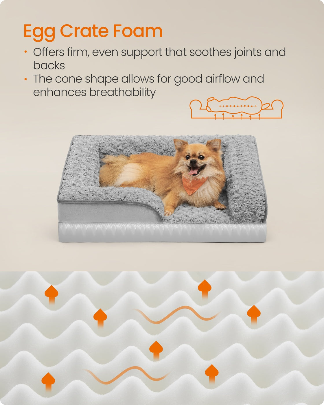 Orthopedic Dog Bed for Medium Dogs - PV Plush with Rose Pattern and Velvet - Dove Grey