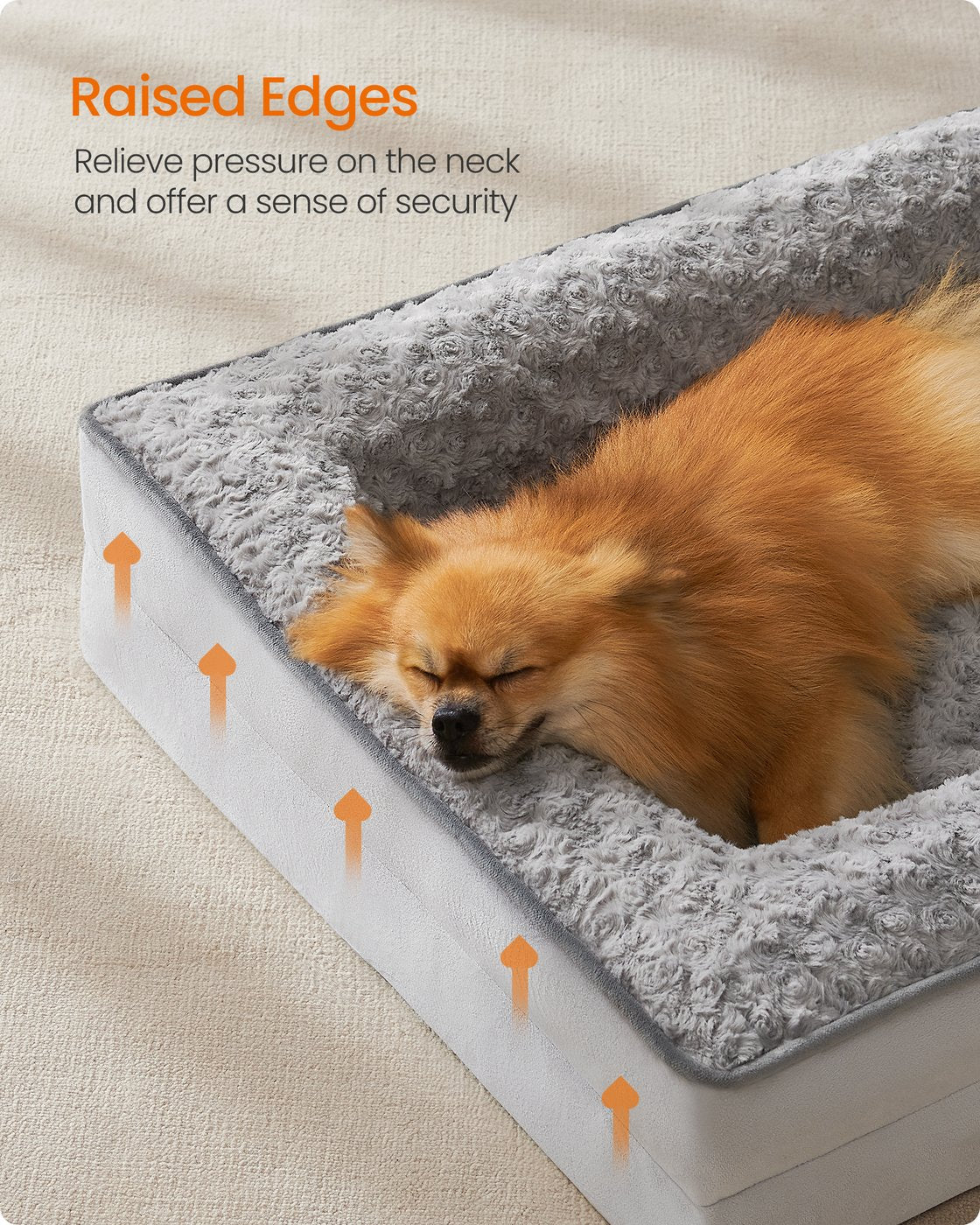 Orthopedic Dog Bed for Medium Dogs - PV Plush with Rose Pattern and Velvet - Dove Grey