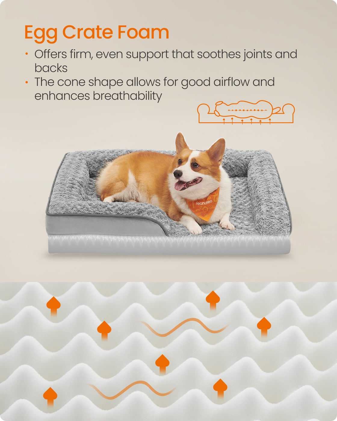 Orthopedic Dog Bed for Dogs - PV Plush with Rose Pattern and Velvet - Dove Grey