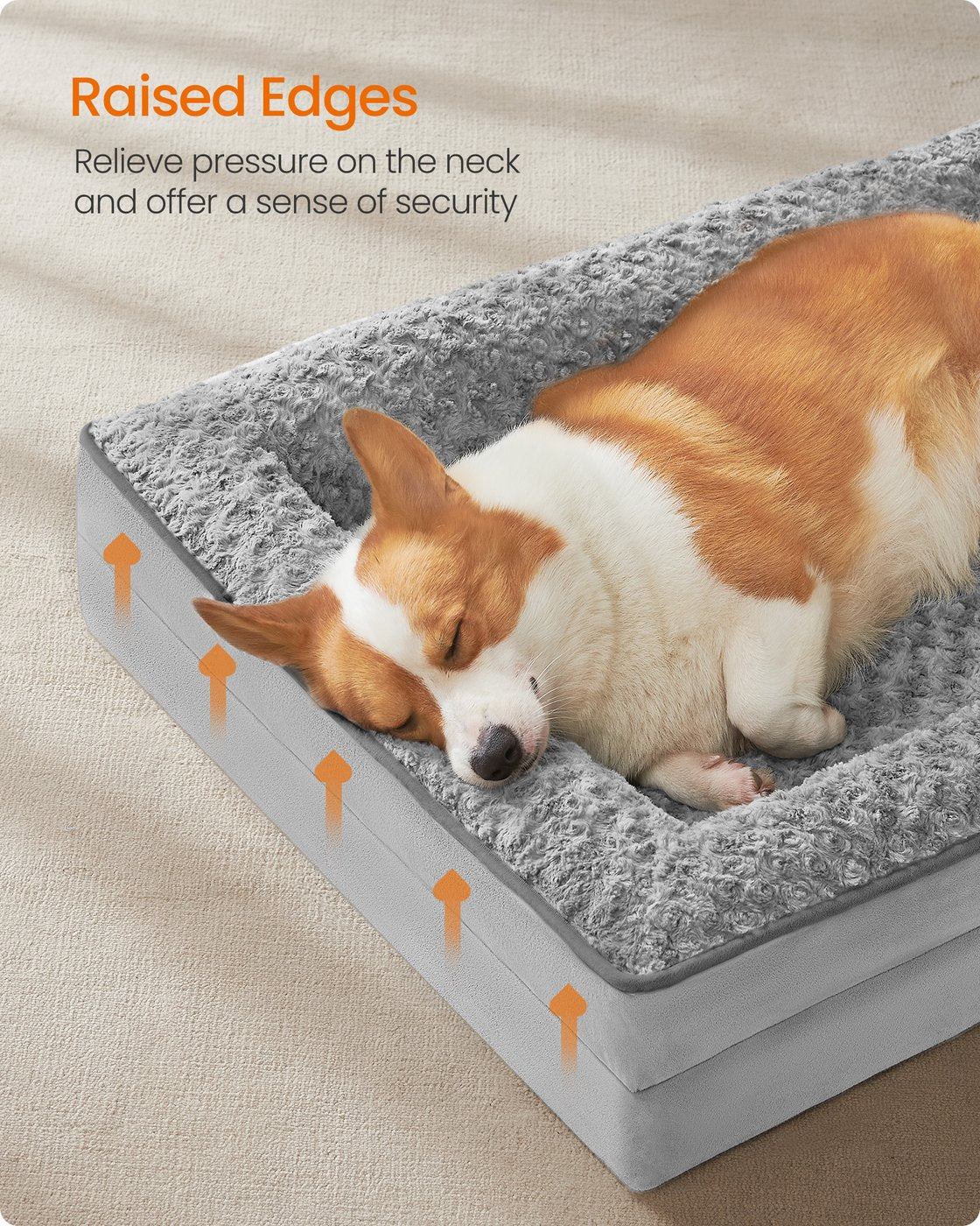 Orthopedic Dog Bed for Dogs - PV Plush with Rose Pattern and Velvet - Dove Grey