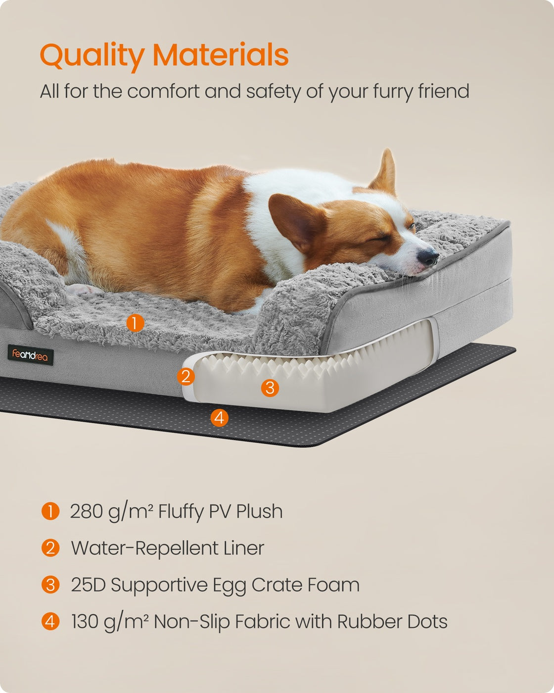 Orthopedic Dog Bed for Dogs - PV Plush with Rose Pattern and Velvet - Dove Grey