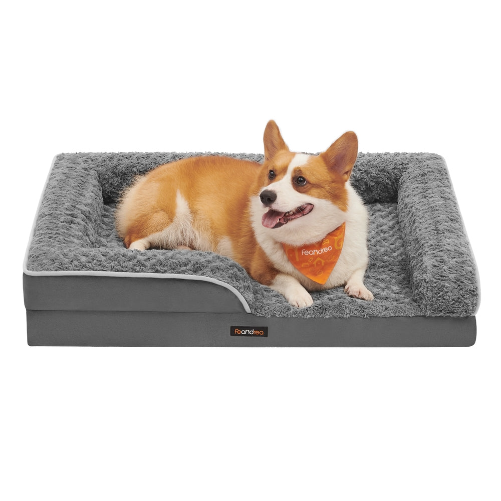 Orthopedic Dog Bed for Dogs - PV Plush with Rose Pattern and Velvet - Dove Grey